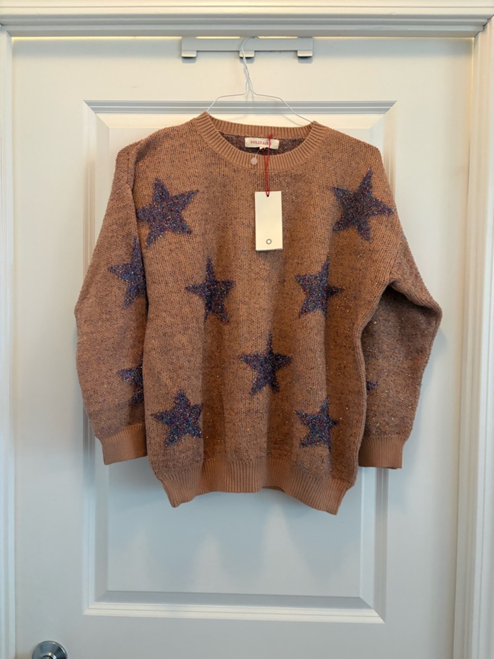 Solitaire Star Print Shimmer Knit Sweater XL Tan Cozy Sparkle NWT